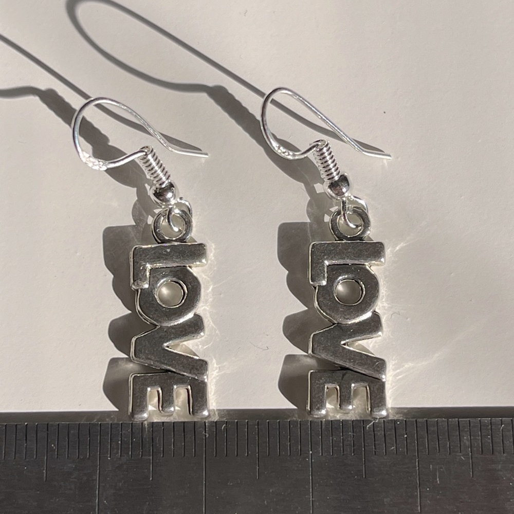 Silver tone LOVE dangle earrings hook sterling silver 925